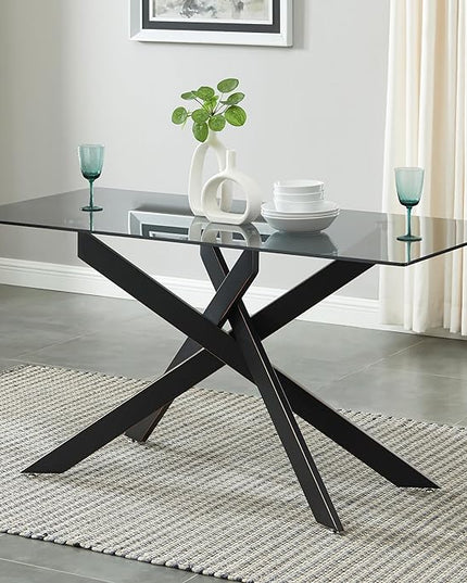 Modern Style Dining Table with Tempered Glass Top and Metal Tubular Legs, 58.5”Lx29”Wx30”H, Black - LeafyLoom