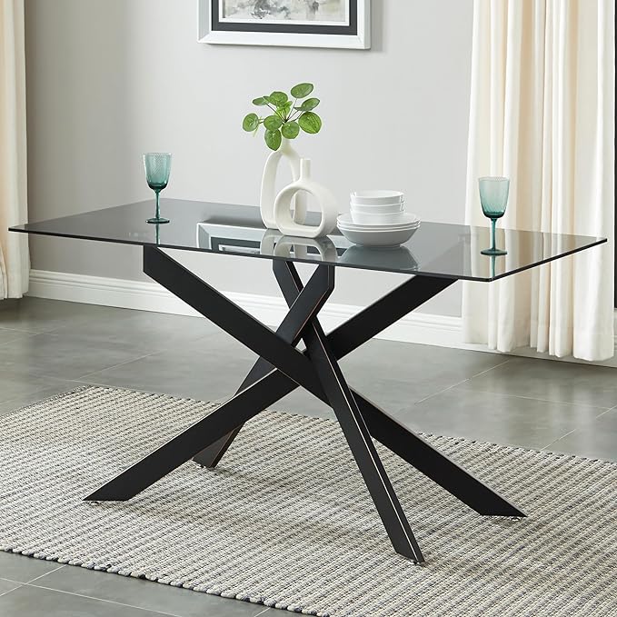Modern Style Dining Table with Tempered Glass Top and Metal Tubular Legs, 58.5”Lx29”Wx30”H, Black - LeafyLoom