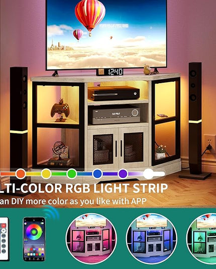 YITAHOME RGB LED Corner TV Stand for TVs up to 55/50 Inch with Power Outlet, Modern Farmhouse Entertainment Center, Wood TV Media Console with Storage Shelves for Living Room, White Oak - LeafyLoom