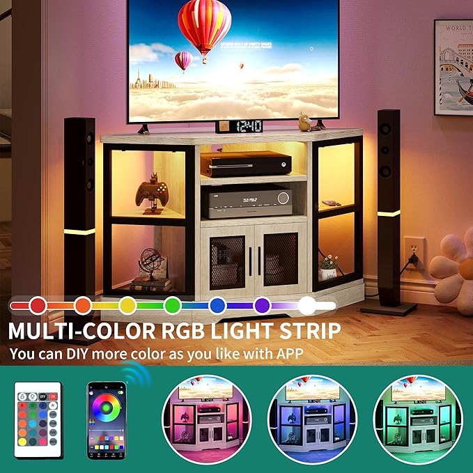 YITAHOME RGB LED Corner TV Stand for TVs up to 55/50 Inch with Power Outlet, Modern Farmhouse Entertainment Center, Wood TV Media Console with Storage Shelves for Living Room, White Oak - LeafyLoom