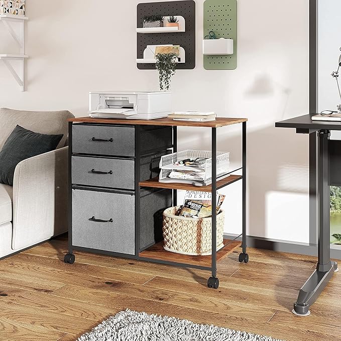 DEVAISE 3 Drawer Mobile File Cabinet, Rolling Printer Stand with Open Storage Shelf, Fabric Lateral Filing Cabinet fits A4 or Letter Size for Home Office, Rustic Brown - LeafyLoom