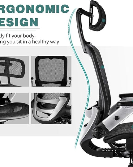 GABRYLLY Ergonomic Mesh Office Chair, High Back Desk Chair - Adjustable Headrest with Flip-Up Arms, Tilt Function, Lumbar Support and PU Wheels, Swivel Computer Task Chair - LeafyLoom