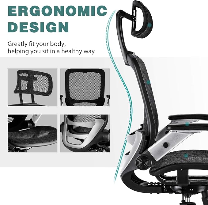 GABRYLLY Ergonomic Mesh Office Chair, High Back Desk Chair - Adjustable Headrest with Flip-Up Arms, Tilt Function, Lumbar Support and PU Wheels, Swivel Computer Task Chair - LeafyLoom