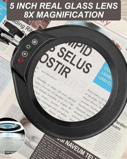 VEEMAGNI 5 Inch Large Magnifying Glass with Light and Stand, 5 Color Modes Stepless Dimmable, Long Swivel Arm LED Clamp Desk Lamp, Hands Free 8X Lighted Magnifier for Close Work Craft Hobby Soldering - LeafyLoom