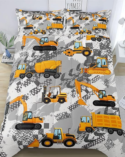 3-Pcs Construction Kids Bedding Set for Boys, Reversible Twin Truck Bed Comforter Set, Cartoon Excavator Car Printed Bedding Sets with Tire Marks - LeafyLoom