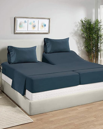 LANE LINEN Split King Sheets for Adjustable Beds - 1000 Thread Count 5 Piece Set 100% Egyptian Cotton Sateen Weave Cool Breathable & Soft 2 Fitted Fits Upto 17" Deep Pockets Dark Denim - LeafyLoom