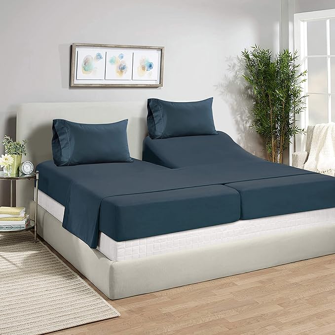 LANE LINEN Split King Sheets for Adjustable Beds - 1000 Thread Count 5 Piece Set 100% Egyptian Cotton Sateen Weave Cool Breathable & Soft 2 Fitted Fits Upto 17" Deep Pockets Dark Denim - LeafyLoom