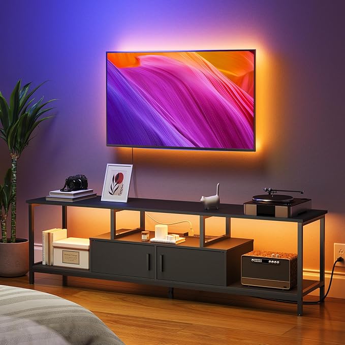 HOOBRO TV Stand with LED Light and Power Outlets for TVs up to 65 Inch, TV Media Console with Double-Door Cabinet, Gaming Entertainment Center for Living Room Bedroom, Black BB148UDS01 - LeafyLoom