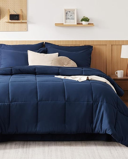 Bedsure Navy King Comforter Set - 7 Pieces Solid King Bed in a Bag, King Bed Set Navy with Quilted Warm Fluffy Comforters, Sheets, Pillowcases & Shams - LeafyLoom