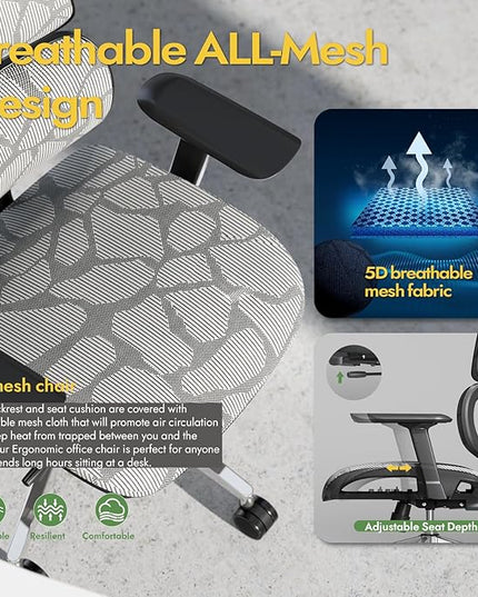 Office Chair Ergonomic Desk Chair, ALL-Mesh High Back Home Office Chair Lumbar Support, Reclining Gaming Chair Adjustable Armrests Headrest, Big and Tall Swivel Computer Chair 330LBS (Grey) - LeafyLoom