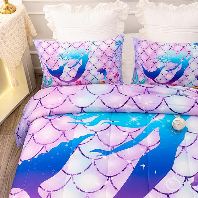 CVHOUSE Mermaid Comforter Set,Rainbow Mermaid Bedding Set for Girls Kids Teens,Rainbow Mermaid Comforter Mermaid Duvet Set Room Decor Quilt Set Full Size - LeafyLoom