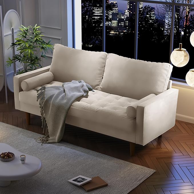 Velvet Furniture for Small Spaces, Mid-Century Modern Loveseats for Living Room, Love Seat Couch Sofas, 70 Inches, Beige - LeafyLoom