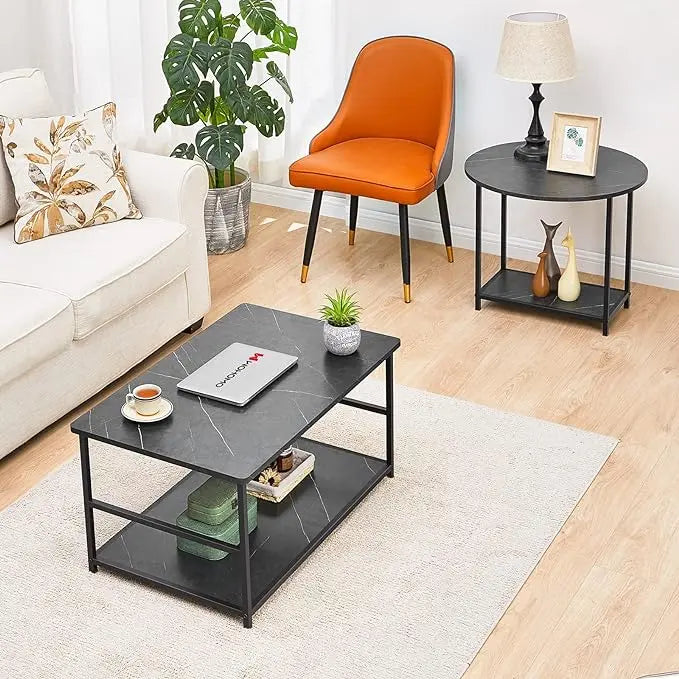 WOHOMO Coffee Table, Black Modern Coffee Tables for Living Room 2 in 1Detachable Small Center Table Set with Storage, Black Marble - LeafyLoom