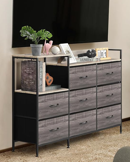 MOOACE TV Stand with Charging Station, 52'' Long TV Stand with 8 Storage Drawers and Open Shelves, Chests Dresser for Bedroom, Living Room, Light Gray - LeafyLoom