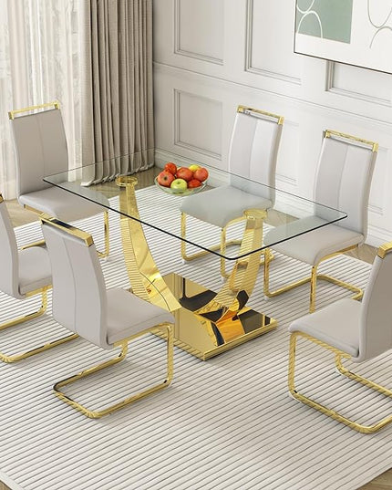 Modern Dining Chairs Set of 6,High Back Light Grey Kitchen Chairs,Faux Leather Side Chair with Gold Plated Metal Legs,Easy to Clean Upholstered Dining Chairs,Ideal for Living Room - LeafyLoom