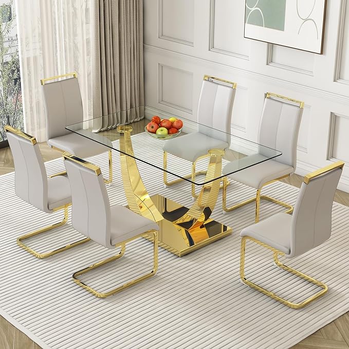 Modern Dining Chairs Set of 6,High Back Light Grey Kitchen Chairs,Faux Leather Side Chair with Gold Plated Metal Legs,Easy to Clean Upholstered Dining Chairs,Ideal for Living Room - LeafyLoom