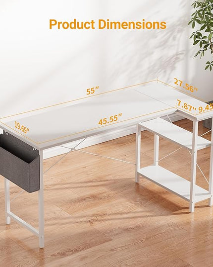 BANTI L Shaped Small Computer Desk with Storage Shelves, 55" Home Office Small Corner Desk Study Writing Table, White - LeafyLoom