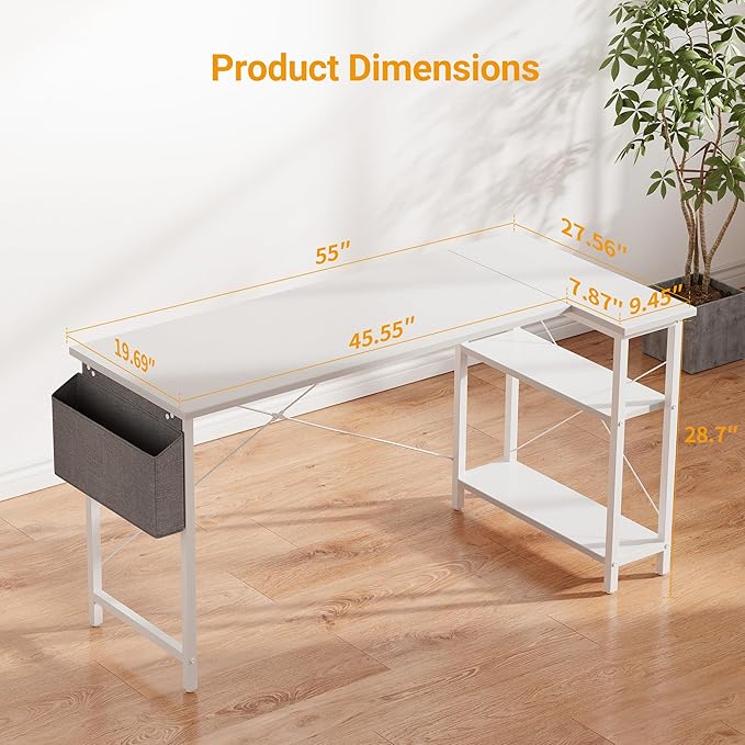 BANTI L Shaped Small Computer Desk with Storage Shelves, 55" Home Office Small Corner Desk Study Writing Table, White - LeafyLoom