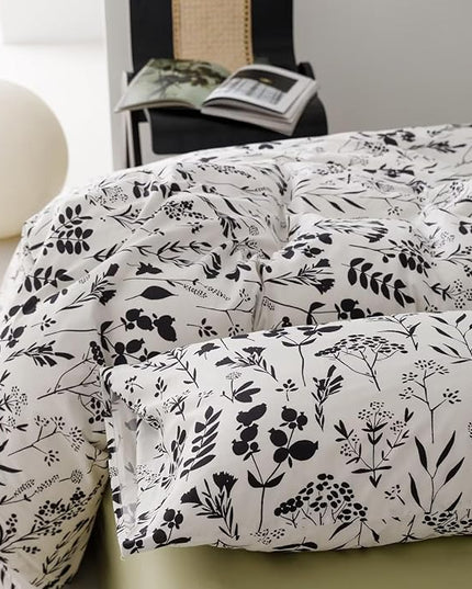 Black Botanical Comforter Set Queen White Black Floral Plant Bedding Comforter Set Girls Garden Pattern Printed on White Blanket Rustic Leaf Blossom Women White Farmhouse Comforter Queen - LeafyLoom