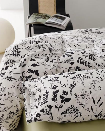 Botanical Comforter Set King White and Black Floral Plant Bedding Comforter Set Girls Garden Pattern Printed on White Blanket Rustic Leaf Blossom Women White Farmhouse Comforter King - LeafyLoom