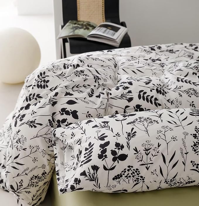 Botanical Comforter Set King White and Black Floral Plant Bedding Comforter Set Girls Garden Pattern Printed on White Blanket Rustic Leaf Blossom Women White Farmhouse Comforter King - LeafyLoom