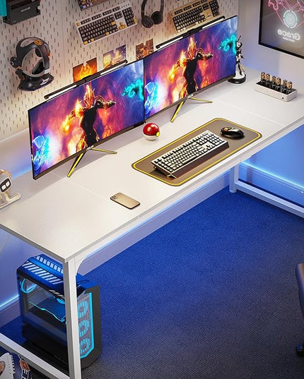 Computer Desk, 70 Inch Office Desk, Gaming Desk with Storage, Writing Desk Work Desk for Home Office, Study, Long Simple Desk, Large Legroom, Metal Frame, White - LeafyLoom