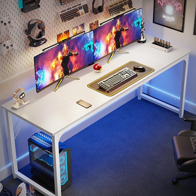 Computer Desk, 70 Inch Office Desk, Gaming Desk with Storage, Writing Desk Work Desk for Home Office, Study, Long Simple Desk, Large Legroom, Metal Frame, White - LeafyLoom