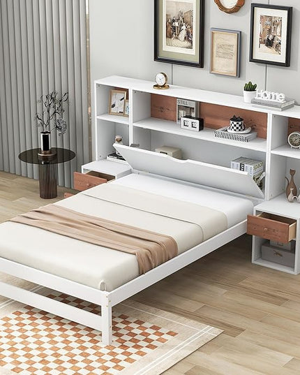 Merax Wood Bed Frame with Storage Headboard and Drawers, Twin Size Platform Bed with Nightstands, No Box Spring Needed White - LeafyLoom