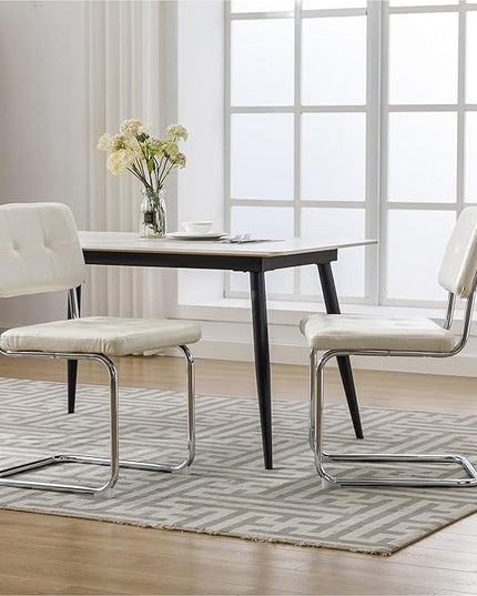 Forevich Mid Century Modern Dining Chairs Set of 2, Leather Kitchen Dining Room Side Chairs Upholstered Armless Accent Chairs with Metal Chrome Legs for Living Room, Bedroom White - LeafyLoom