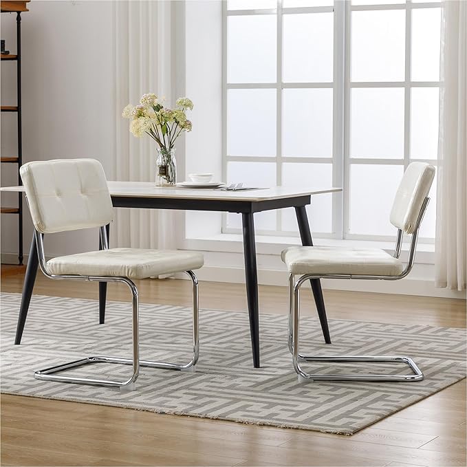 Forevich Mid Century Modern Dining Chairs Set of 2, Leather Kitchen Dining Room Side Chairs Upholstered Armless Accent Chairs with Metal Chrome Legs for Living Room, Bedroom White - LeafyLoom