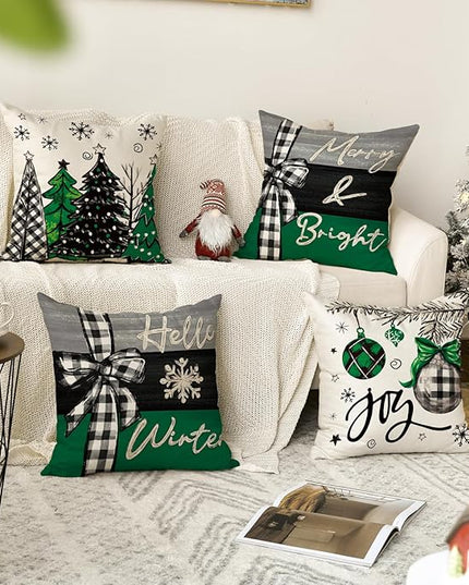 AVOIN colorlife Merry Christmas Joy Xmas Trees Green Throw Pillow Covers, 18 x 18 Inch Christmas Winter Holiday Cushion Case Decoration for Sofa Couch Set of 4 AVOINcolorlife