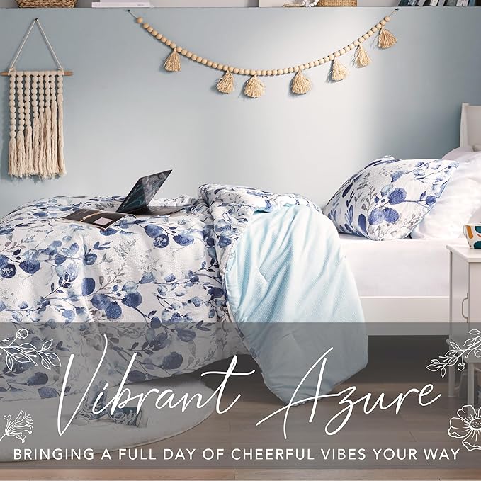 Codi Floral Twin Comforter Set for Teen Girls, Spring Lavender Bedding Sets with Soft Seersucker 2pcs - 1 Flower Comforters and 1 Pillows Case, Blue - LeafyLoom