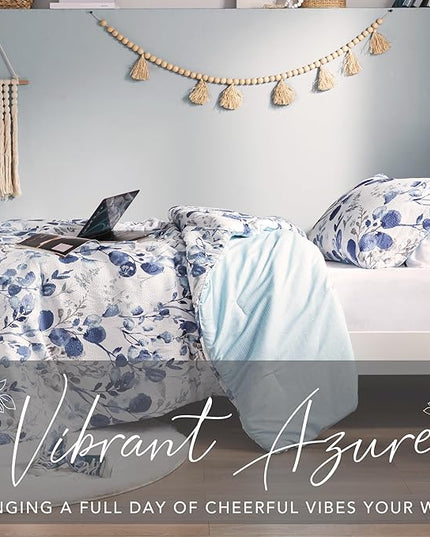 Codi Floral Twin Comforter Set for Teen Girls, Spring Lavender Bedding Sets with Soft Seersucker 2pcs - 1 Flower Comforters and 1 Pillows Case, Blue - LeafyLoom