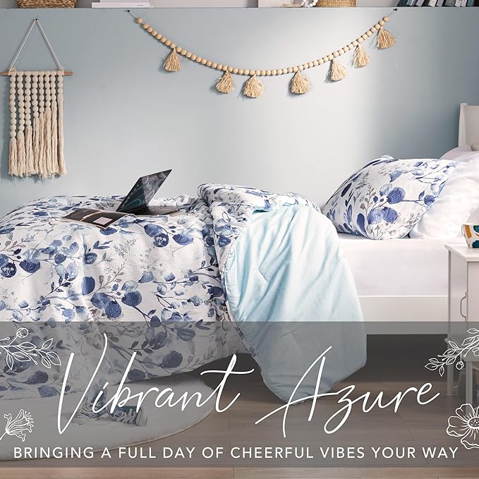 Codi Floral Twin Comforter Set for Teen Girls, Spring Lavender Bedding Sets with Soft Seersucker 2pcs - 1 Flower Comforters and 1 Pillows Case, Blue - LeafyLoom