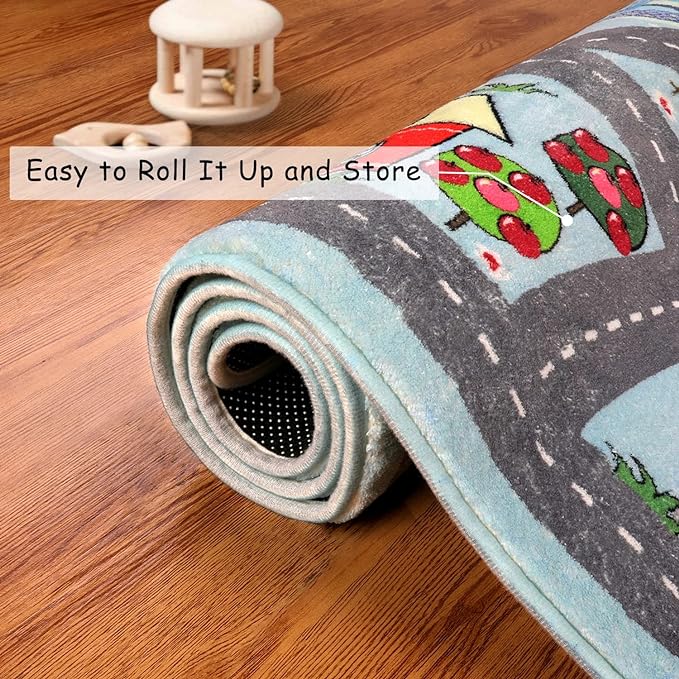 LIVEBOX Large Playroom Rug 5'x7' Kids Play Mat for Classroom, Road Traffic Carpet for Boys Girls Playing Cars Toys, City Life Nursery Car Rug for Toddlers Bedroom Kids Room - LeafyLoom
