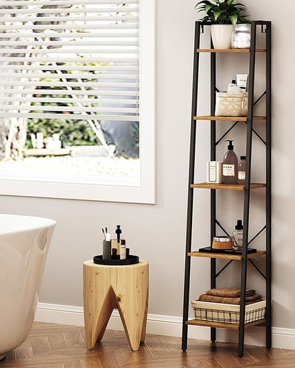 Ladder Shelf, Bookshelf Bookcase, Freestanding Corner Storage Shelve with 2 Hooks for Home Office, Living Room, Kitchen, Bedroom, Industrial, 5-Tier Rustic Brown BC03201B - LeafyLoom