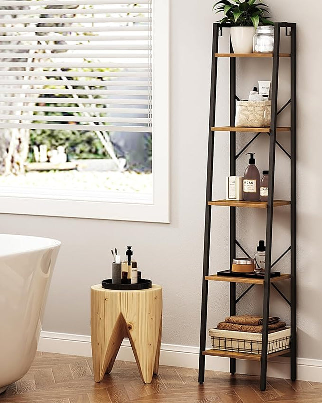 Ladder Shelf, Bookshelf Bookcase, Freestanding Corner Storage Shelve with 2 Hooks for Home Office, Living Room, Kitchen, Bedroom, Industrial, 5-Tier Rustic Brown BC03201B - LeafyLoom