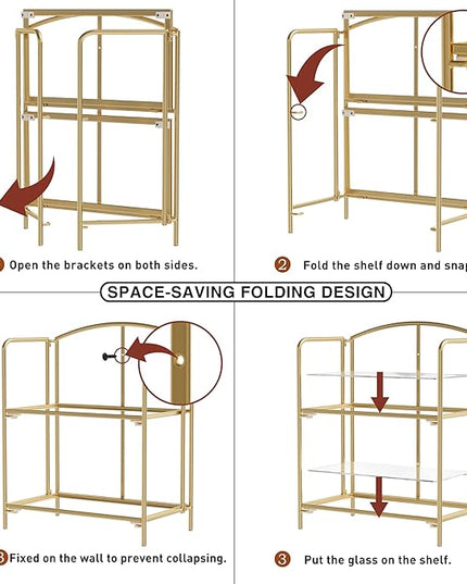 No Assembly Folding Bookshelf, 2 Tier Gold Bookshelf, Metal Book Shelf for Storage, Folding Bookcase for Office Organization and Storage, 12.6" D x 22.44" W x 28.74" H - LeafyLoom