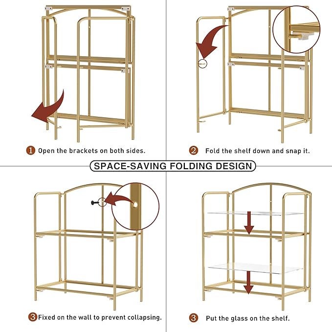 No Assembly Folding Bookshelf, 2 Tier Gold Bookshelf, Metal Book Shelf for Storage, Folding Bookcase for Office Organization and Storage, 12.6" D x 22.44" W x 28.74" H - LeafyLoom