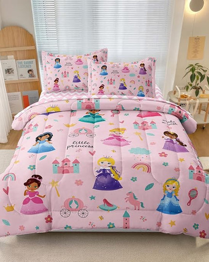 Kids Magical Princess Comforter Set Bed in a Bag Twin Size- 5 Piece Soft Cute Castle Bedding Set for Girls (1 Comforter, 1 Flat Sheet, 1 Fitted Sheet, 2 Pillowcases), Pink - LeafyLoom
