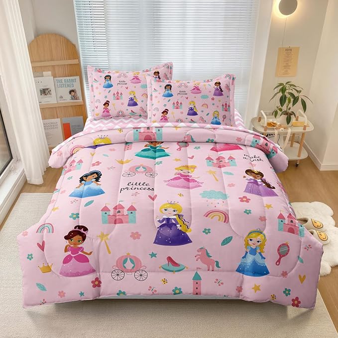 Kids Magical Princess Comforter Set Bed in a Bag Twin Size- 5 Piece Soft Cute Castle Bedding Set for Girls (1 Comforter, 1 Flat Sheet, 1 Fitted Sheet, 2 Pillowcases), Pink - LeafyLoom