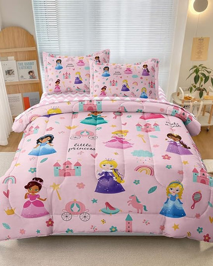 Kids Magical Princess Comforter Set Bed in a Bag Full Size- 5 Piece Soft Cute Castle Bedding Set for Girls (1 Comforter, 1 Flat Sheet, 1 Fitted Sheet, 2 Pillowcases), Pink - LeafyLoom