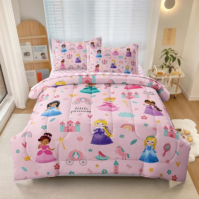 Kids Magical Princess Comforter Set Bed in a Bag Full Size- 5 Piece Soft Cute Castle Bedding Set for Girls (1 Comforter, 1 Flat Sheet, 1 Fitted Sheet, 2 Pillowcases), Pink - LeafyLoom