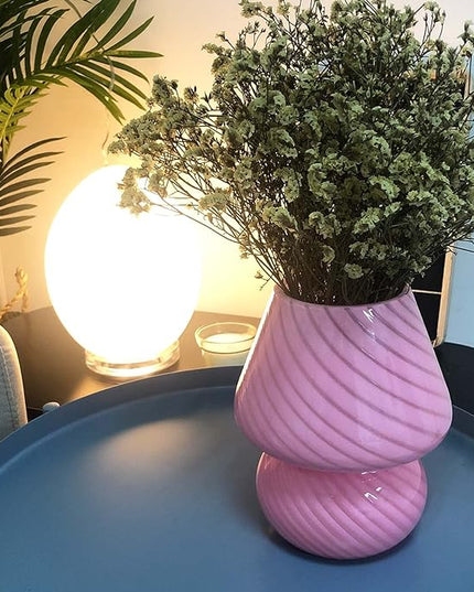 Mushroom Lamp,Glass Mushroom Bedside Table Lamps Purple Translucent Murano Vintage Style Striped Small Nightstand Desklamp Swirl Light for Home Decor, Dining, Living, Bedroom, Gift (Stripe Purple) - LeafyLoom