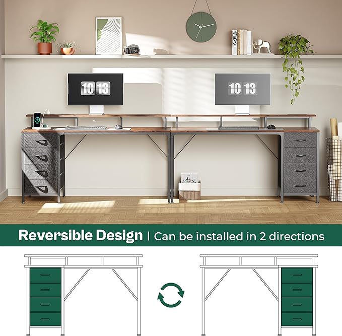 55 Inch Computer Desk with Power Outlets and LED Lights, Gaming Desk with 4 Drawers, Office Desk with Monitor Stand, Study Desk Work Desk for Home Office, Rustic Brown - LeafyLoom