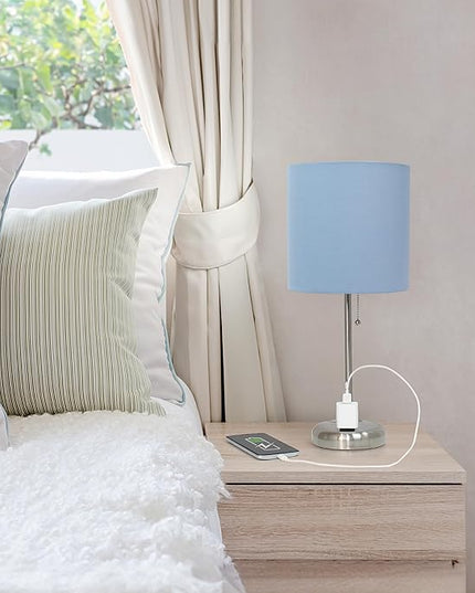 Simple Designs LT1144-BLU Sleek and Slender Brushed Steel Table Lamp with Charging Outlet, for Bedroom, Living Room, Entryway, Office, Dining Room, Study, Blue Shade - LeafyLoom