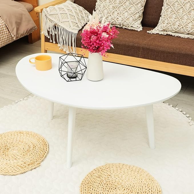 FIRMINANA Small White Oval Coffee Table for Small Space,Simple Modern Table for Small Apartment or Livingroom Corner,White,18.9" D x 33.47" W x 15.75" H - LeafyLoom