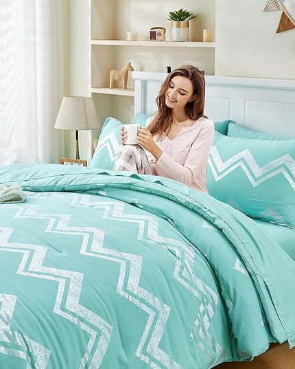 Wowelife 7 Pieces Comforter Set King Size Teal Silver Bedding Set Glitter Kids Bedding Set Blue Bed in a Bag Girls with Comforter, Flat Sheet, Fitted Sheet, 2 Pillow Shams and 2 Pillowcases - LeafyLoom