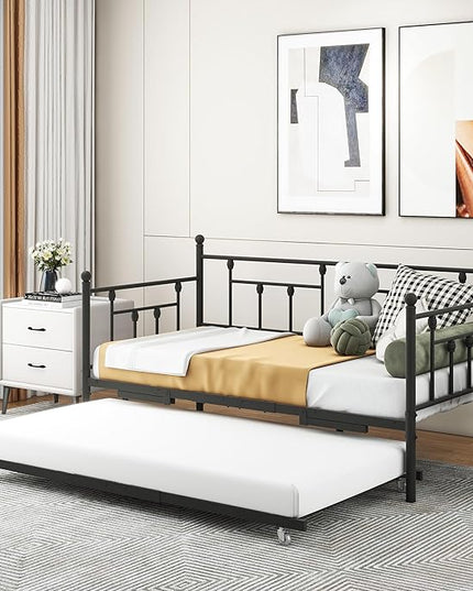 Twin Daybed with Trundle/Steel Slat Support/Space Saving Trundle Bed and Multi-Functional Furniture for Living Room and Guest Room, Black - LeafyLoom