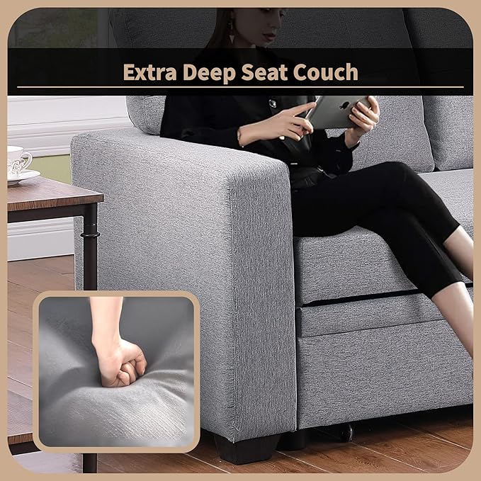 4-in-1 Modular Sofa Bed Convertible Living Room Furniture Sets Upholstered, L Shaped Sectional Comfy Couch with Reversible Storage Chaise for Apartment, Studio, Office, Light Gray-3 - LeafyLoom